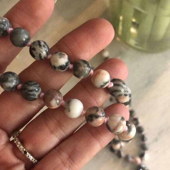 Pink and Gray stone bead long tassel necklace￼ - Picture 3 of 6